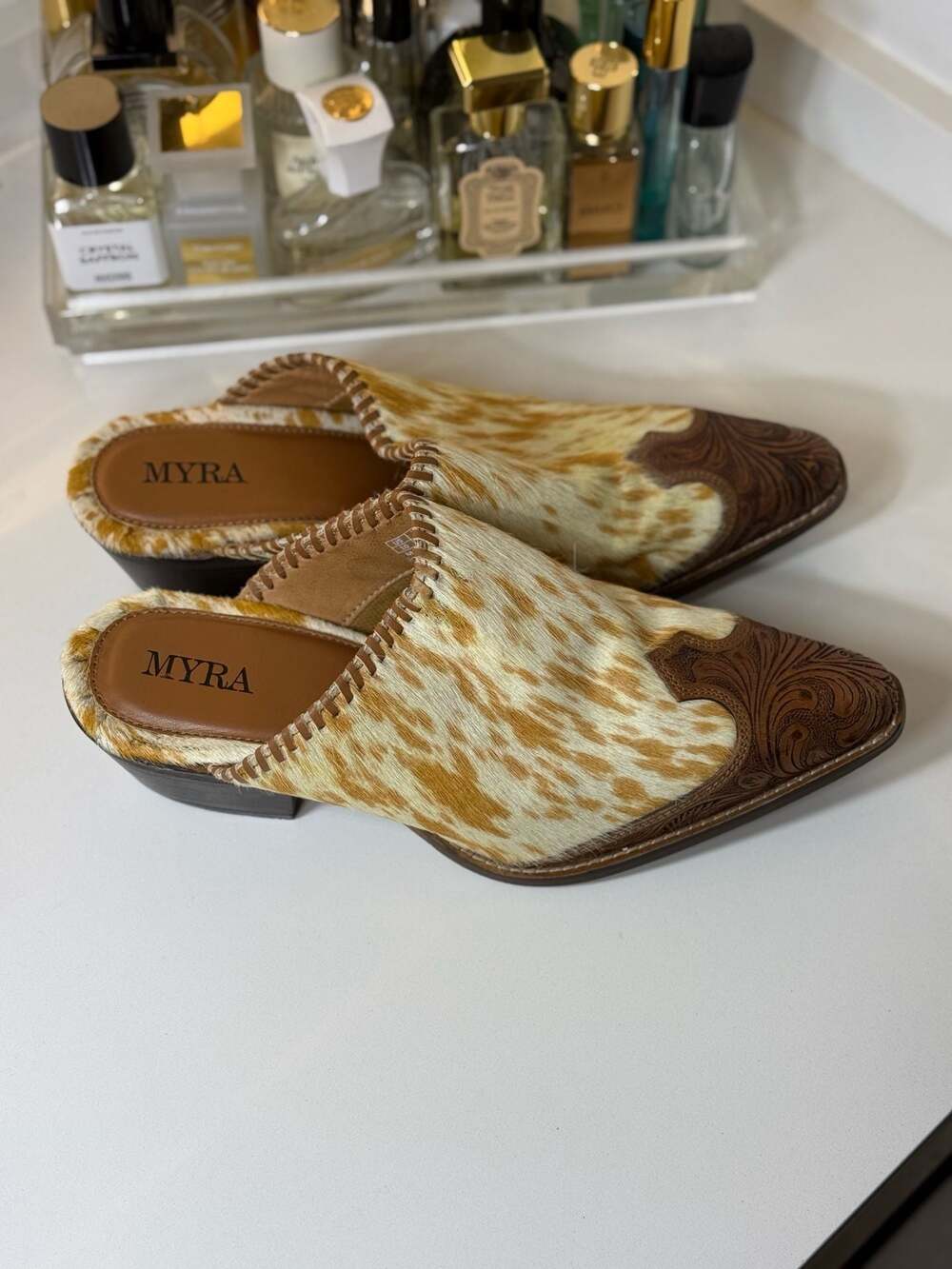 Myra Heely Western Hand-Tooled Cowhide Mules - Picture 2 of 8